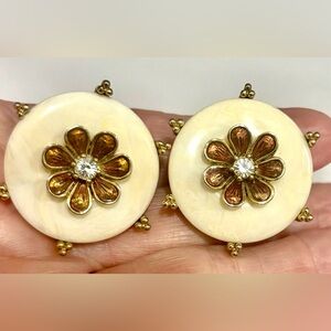 Vintage Joan Rivers Lucite Brown Cloisonne Flower Rhinestone Clip On Earrings